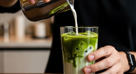 Barista pouring oat milk into iced matcha latte, cinematic minimalist café background, beverage photography for modern coffee branding
