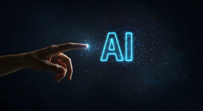 Human finger touches glowing blue ai symbol on dark background - Powered by Adobe