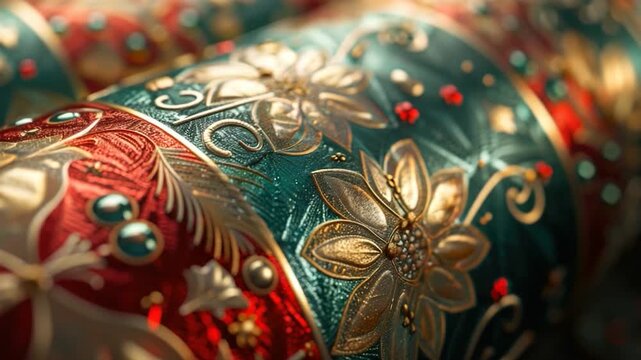 Close-up of a decorative item featuring red and green colors, suitable for holiday or seasonal use