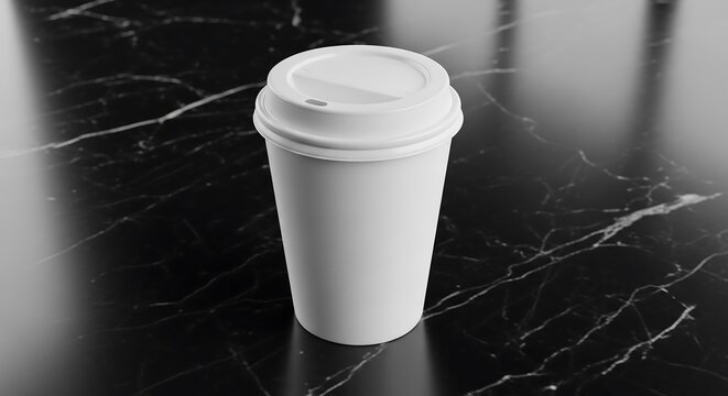 Plain white takeaway coffee cup with matte lid, glossy black marble countertop, product photography for minimalist premium branding
