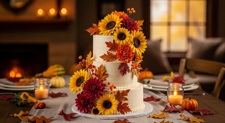 A stunning autumnthemed cake adorned with sunflowers and fall foliage decor