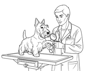 Male veterinarian examining a Scottish Terrier dog with care and attention in a veterinary clinic
