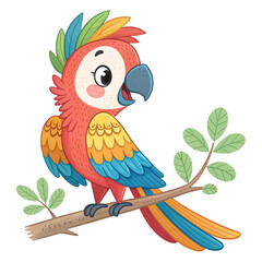 Cute cartoon parrot with colorful feathers on transparent background for tropical posters, children&rsquo;s books, zoo branding and fun stickers
