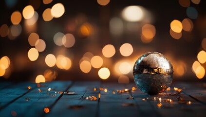 A disco ball sits on a rustic wooden surface, surrounded by golden confetti, against a blurred background of warm lights