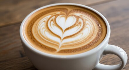 Aromatic Latte with Heart Design on a Wooden Table.