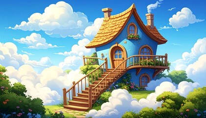 A charming, whimsical, fairytale house on clouds