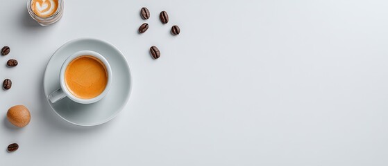 Overhead view of coffee and espresso beverages on a white surface, with coffee beans and an egg