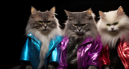 Creative animal concept. Group gang of siberian cat kitten kitty in neon bright sparkly rock punk colour outfit, copy text space. commercial, editorial advertisement party invitation invite	
