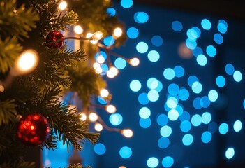 Holiday illumination and decoration concept - christmas garland bokeh lights over dark blue background 