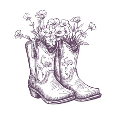 Ink vector sketch of cowgirl boots with bouquet. Vintage western style footwear drawing clipart.