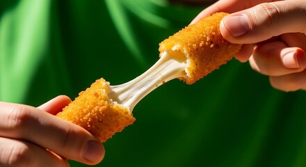 Crispy mozzarella stick pulled apart with melted cheese, vibrant green background, snack photography for indulgent food styling and trendy branding