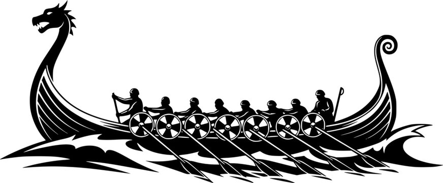 viking ship, dragon head, rowing, silhouette, black and white, waves, simple illustration, high contrast, stark lines

