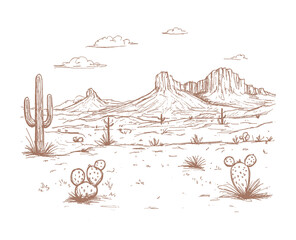 Prairie desert scene with cactuses and Western mountains. Rodeo Wild West vibe.