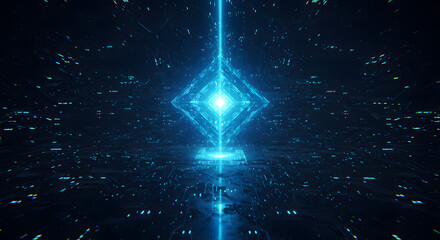 Abstract geometric blue light tunnel with diamond shape and digital grid pattern