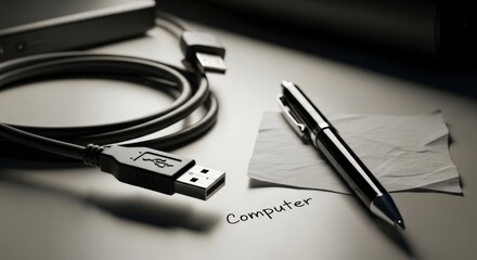 A monochromatic still life featuring a USB cable, a pen, and a crumpled note with "Computer" written on it, symbolizing the intersection of digital technology and traditional work.
