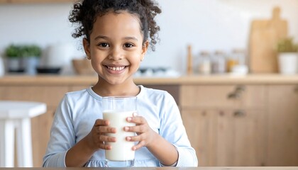 A young girl smiles happily while holding a glass of milk