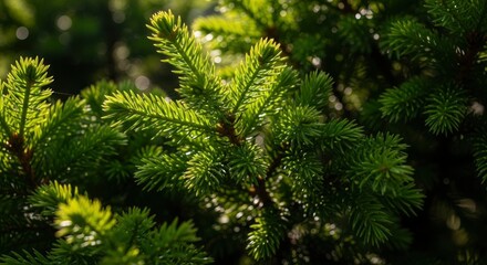 Vibrant green conifer needles glow in warm sunlight, creating a beautiful, fresh natural background with soft bokeh. Perfect for seasonal or nature-themed designs.