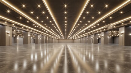 Empty modern hall with polished floor and elaborate lighting
