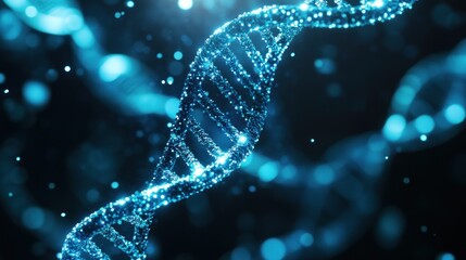 3D DNA helix, glowing blue particles