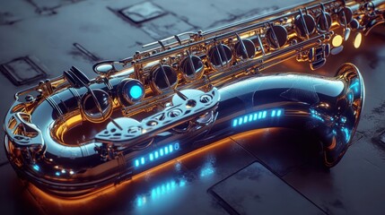 Naklejka premium Shiny saxophone with glowing blue lights