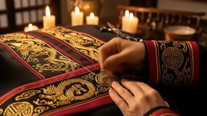 Intricate embroidery process on traditional garment with candles illuminating a serene workspace - Powered by Adobe