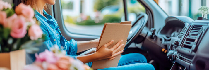 Dedicated woman in denim shirt managing floral delivery business from inside her modern van, holding brown package amidst beautiful pink flower arrangements, ready to deliver happiness.
