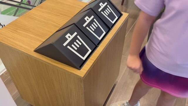 Wooden modern trash can in a shopping mall. sorting trash. cleanliness and sanitation in a public place
