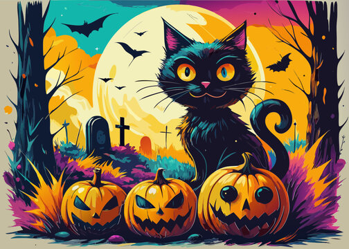 festa di Halloween, gatto nero, cimitero, ossa e zucche 02