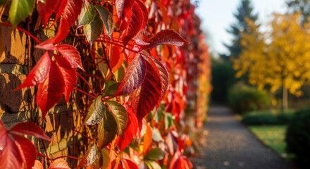 Naklejka premium Vibrant red and green autumn leaves of a climbing plant cling to a brick wall, illuminated by warm sunlight. A blurred park path and golden trees create a serene background.