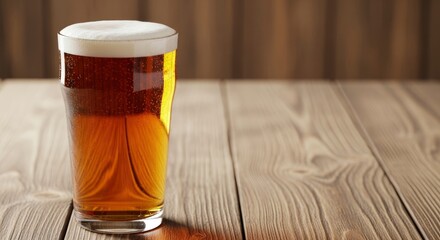 A refreshing glass of golden beer with a frothy white head and visible bubbles, sitting on a rustic wooden table with a blurred background and copy space.