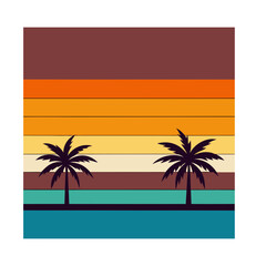Sunset or Sunrise with Palm Trees on a Beach - Retro Landscape

