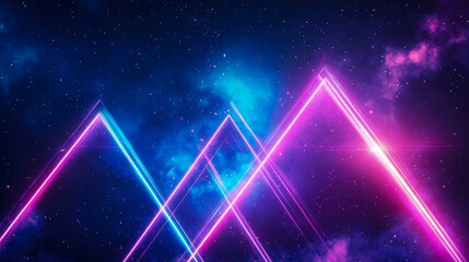 Dynamic abstract background of intersecting glowing pink and blue neon triangles against deep space nebula and starfield
