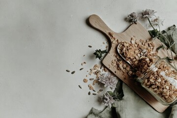 Healthy breakfast: granola in glass jar with wooden spoon on light background