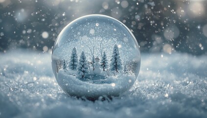 Snow globe close-up with tiny winter landscape inside.