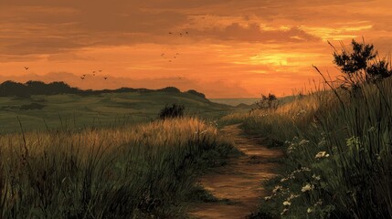 Golden sunset over a grassy path