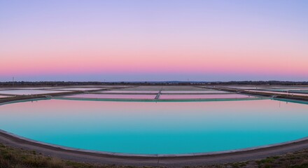 Serene Water Reservoir at Dawn with Pastel Sky Reflections and Tranquil Landscape Surroundings