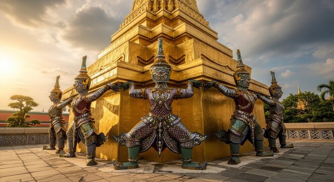 Ornate mythical giant statues (Yakshas) guard a golden pagoda at a Thai temple, bathed in warm sunlight under a dramatic sky, showcasing rich cultural heritage and intricate architecture.