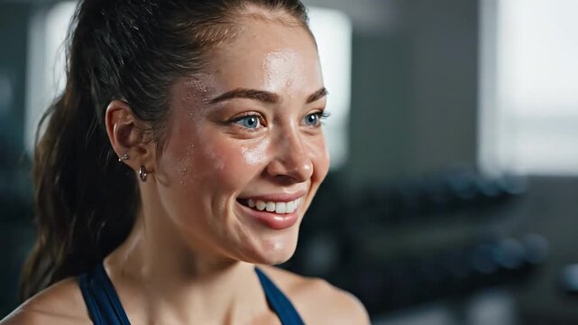 Sweaty smiling woman after intense workout with dumbbells in the background showing fitness - Powered by Adobe