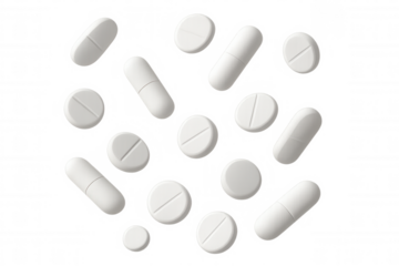 Pharmaceutical capsules and white pills dropping dynamically against transparent surface, representing medical and healthcare themes