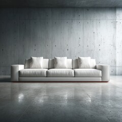 Modern white sofa in a minimalist concrete room