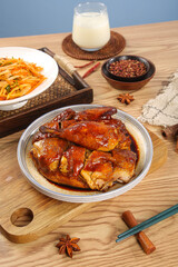 Glazed Soy Sauce Chicken Hakka Style with Secret Marinade and Asian Vegetables on Rustic Wooden Table