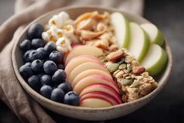Healthy snack bowl with fresh fruit, nuts, and granola bar
