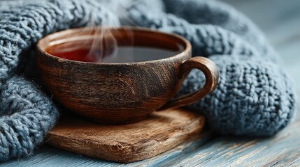 Wooden teacup steaming, nestled in cozy grey wool