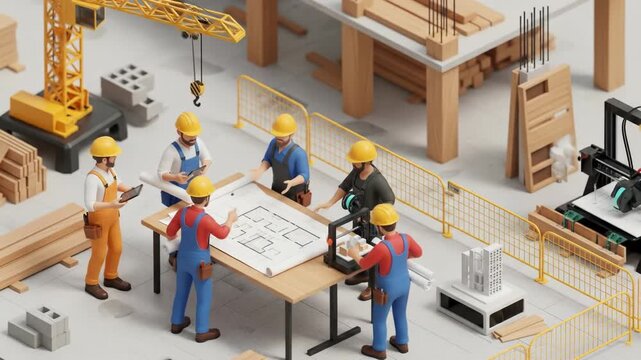 Cartoon-style construction crew with plan, materials, crane, fence, and 3D printer