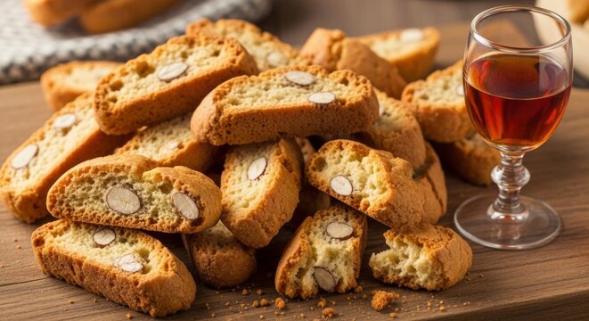 Classic Italian almond biscotti piled high on a rustic wooden table, accompanied by a glass of dessert wine. Perfect for a sweet treat or coffee break. - Powered by Adobe