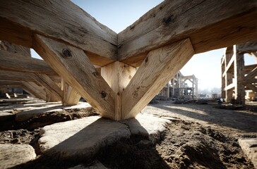 Wooden beams, construction site, corner support