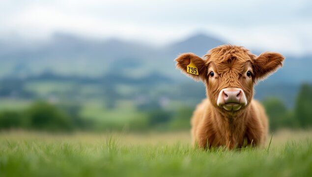 A young Highland calf with a yellow ear tag gazes calmly from a lush green pasture, mountains softly blurring in the background