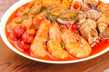 Mixed Seafood Platter with Shrimp Clams and Shellfish in Tomato Sauce