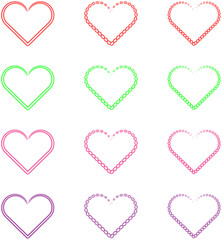 A collection of heart shapes in various bright colors, each isolated on a transparent background. Perfect for design elements.