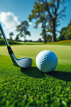 Close-up of golf club and ball on vibrant green grass at professional golf course with trees and blue sky, sports equipment photography for golf training, competition, and outdoor recreation